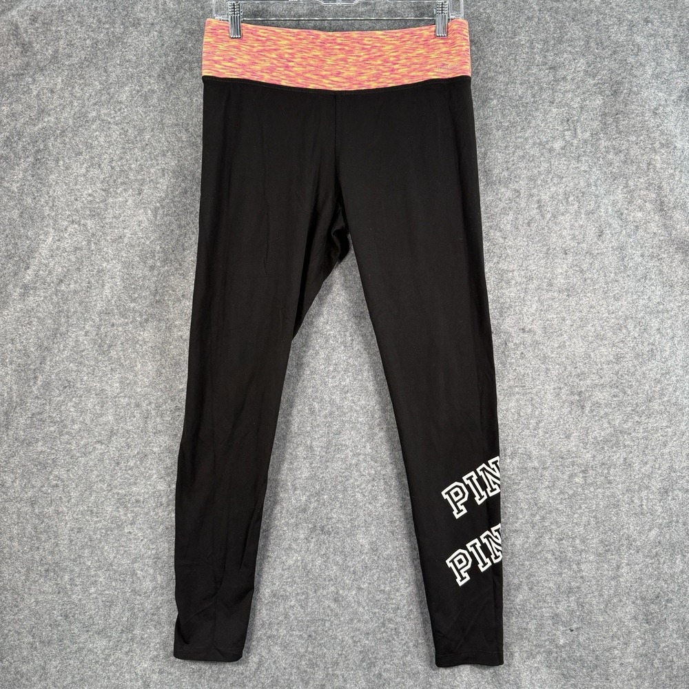 Victorias Secret Pink Yoga Leggings Womens M Black Orange Spell Out Full Length